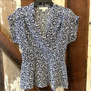 Floral Wrap Blouse - Blue and White